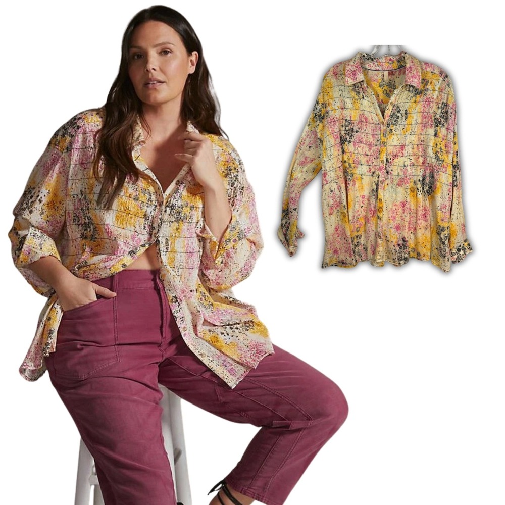 Pilcro Anthropologie Floral Print Button Down Paint Splatter Shirt Womens Size S